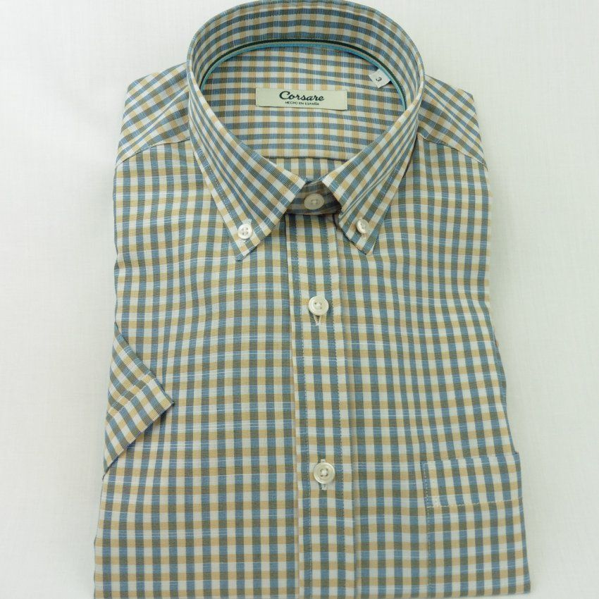 Camisa cuadros pequeños verde y vainilla de Corsare