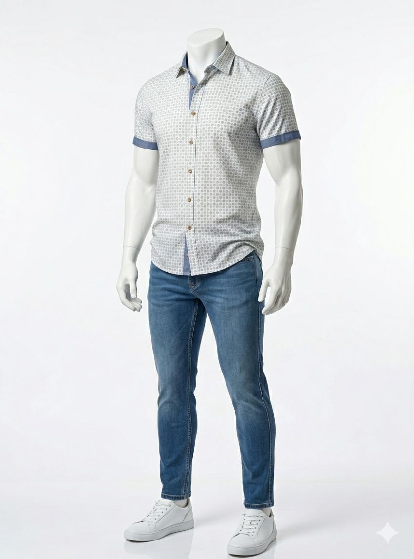 Camisa dibujo geométrico azul y beige de Corsare