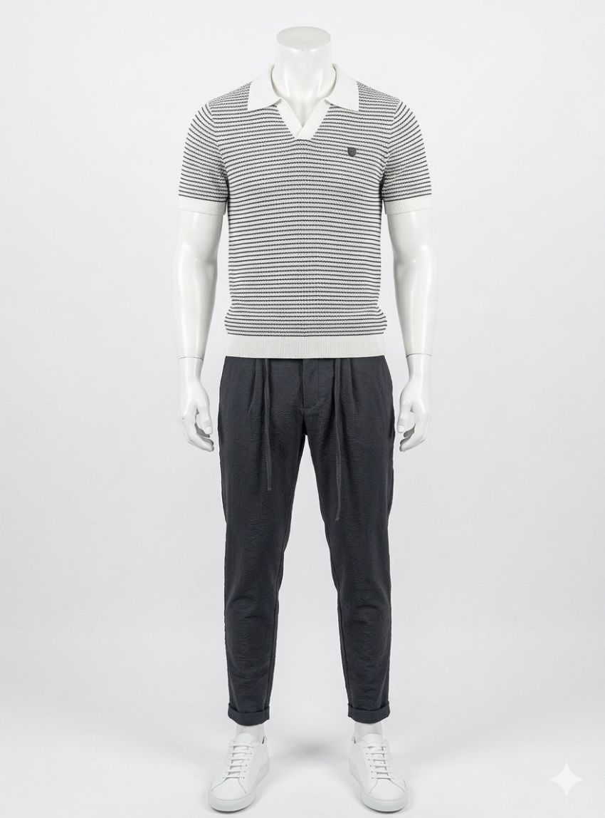 Polo de punto blanco rayas azul marino de Dark & Fish