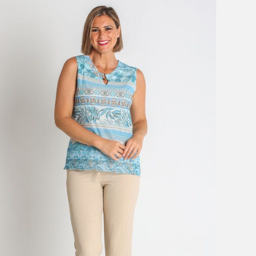 Camiseta tul sin mangas azul y beige de Nayat