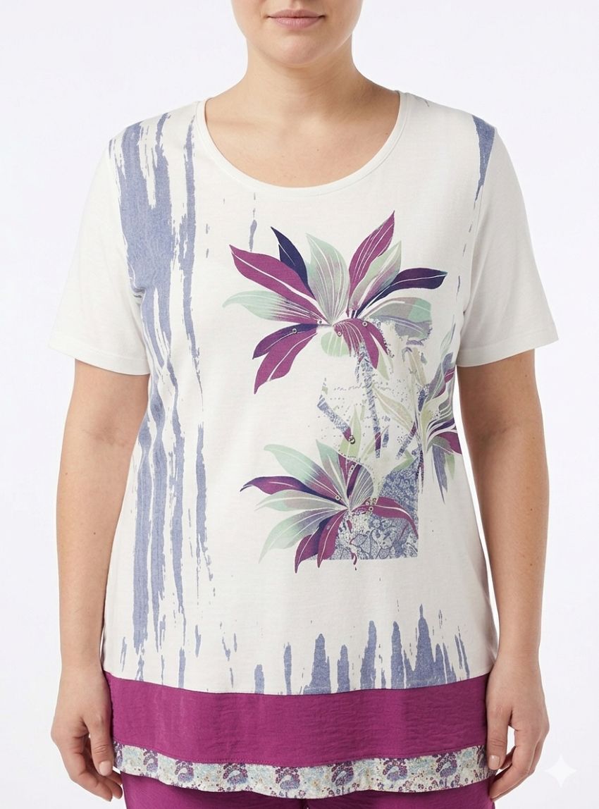 Camiseta blanca con estampado azul y buganvilla de Nayat