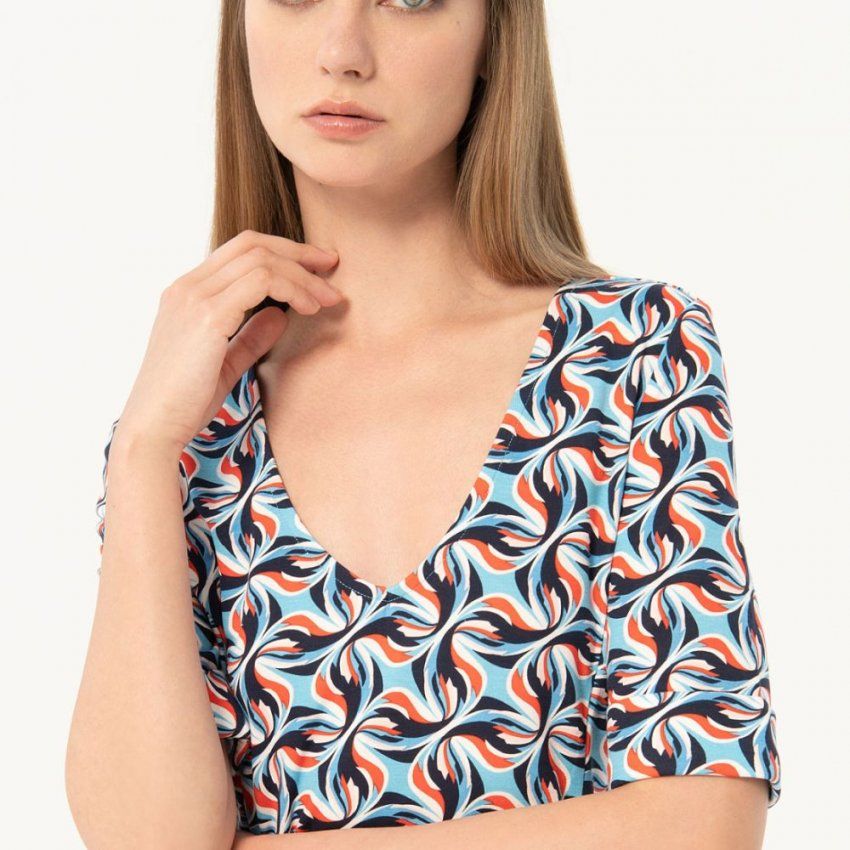 Vestido estampado azules y naranja de Surkana