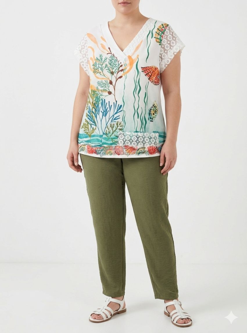 Camiseta blanca con estampado verde y naranja de Nayat