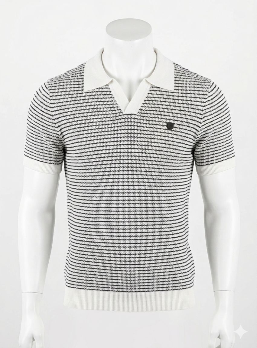 Polo de punto blanco rayas azul marino de Dark & Fish