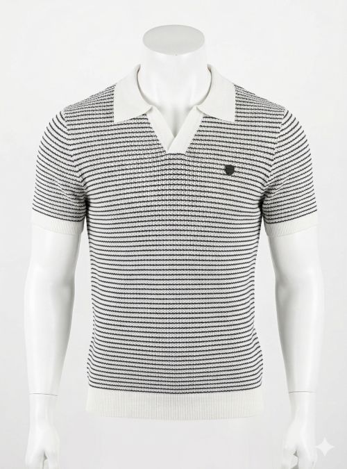 Polo de punto blanco rayas azul marino de Dark & Fish